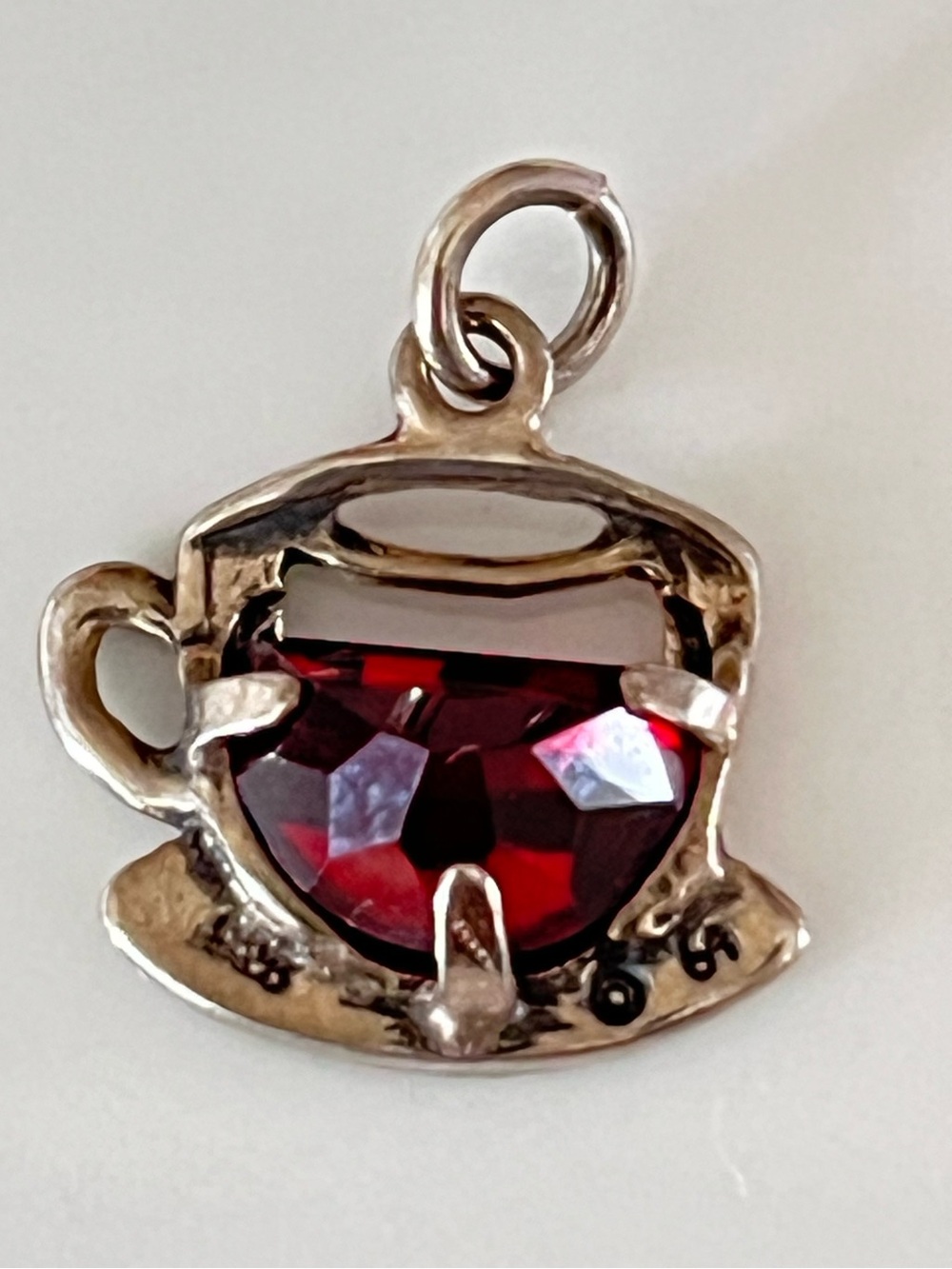 Sterling Silver 925 Coffee Cup Charm Pendant with Red CZ